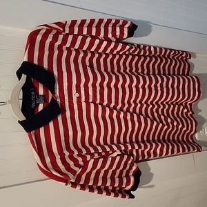 Nautica polo shirt Men's L Red white striped Navy collar and sleeve detail